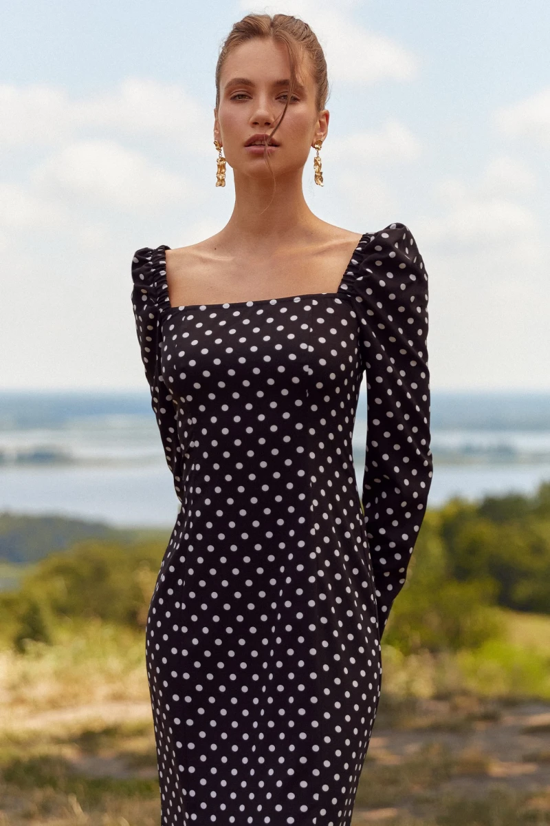 Black midi soft rayon dress in milky dots #2