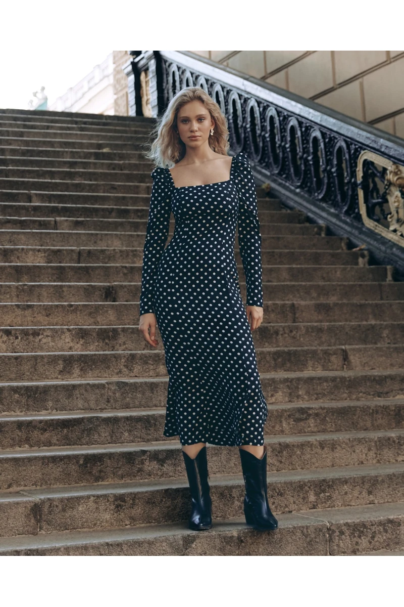 Black midi dress with milky polka dots
