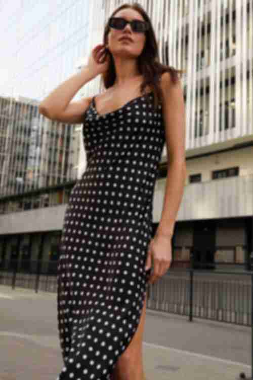 Black midi slip dress with slit in milky dots made of artificial silk