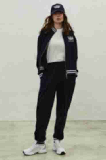Dark blue knitted suit with embroidered zipped bomber jacket and pants
