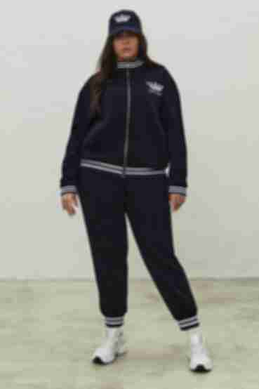 Dark blue knitted suit with embroidered zipped bomber jacket and pants plus size