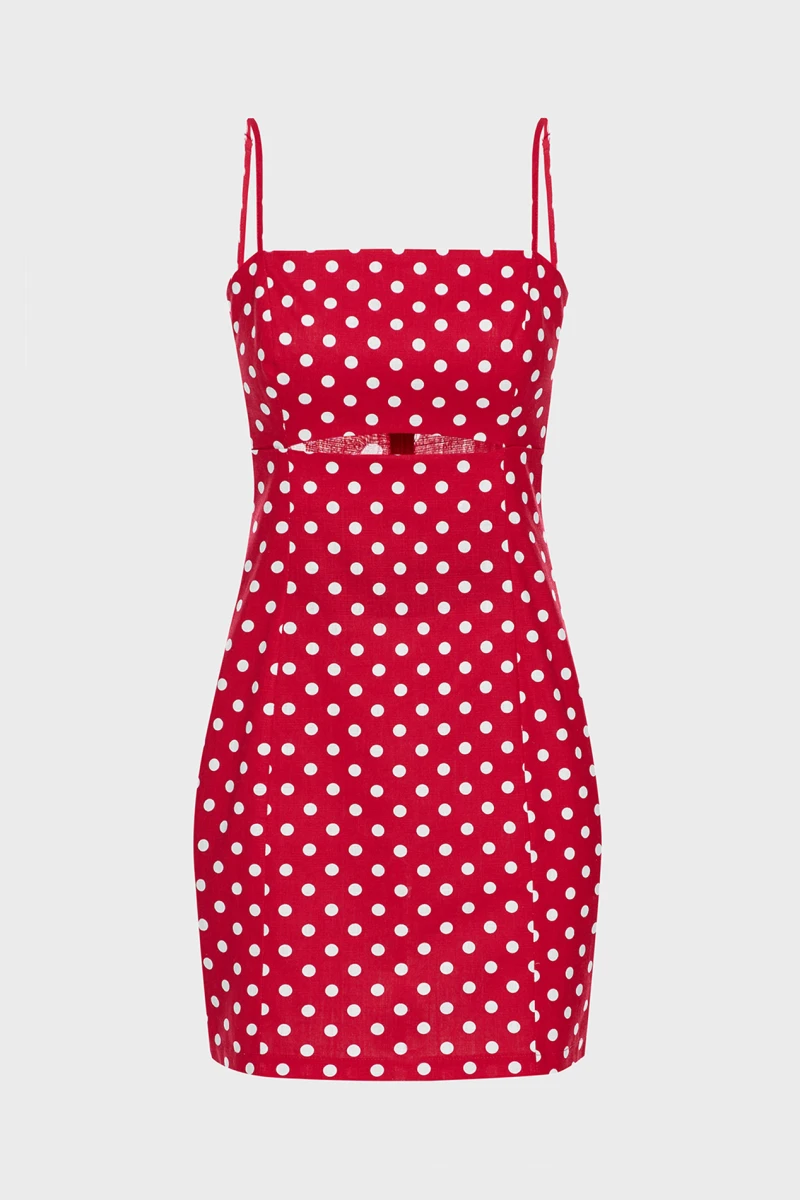 Sundress mini with a figured cut linen milk pea on red