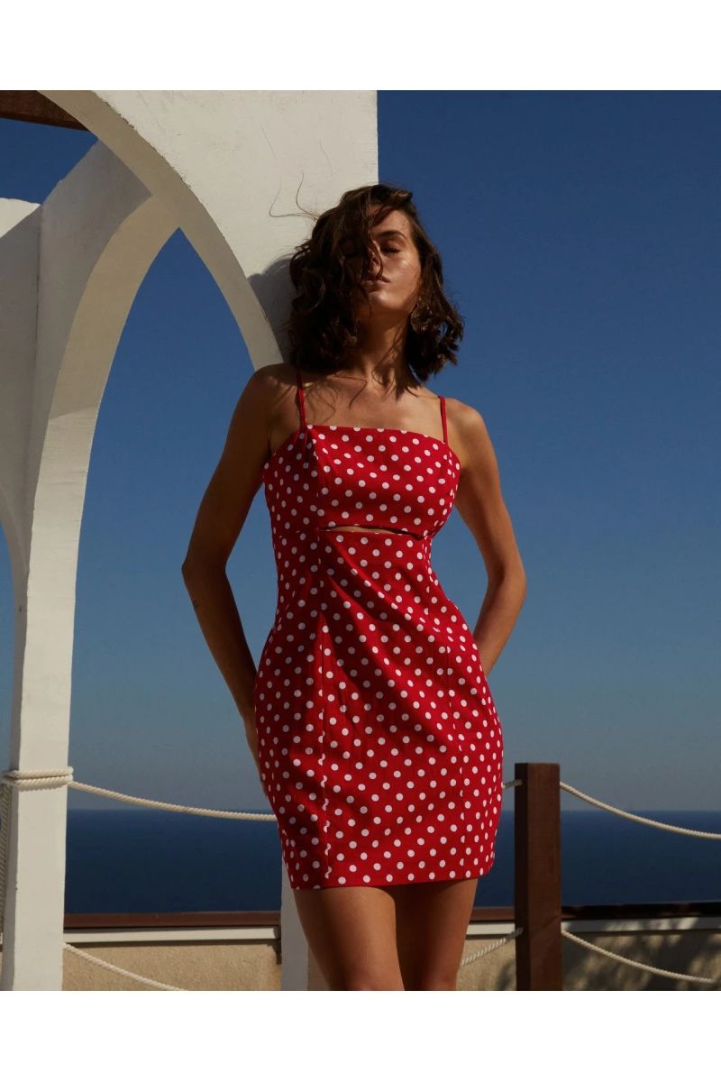 Sundress mini with a figured cut linen milk pea on red