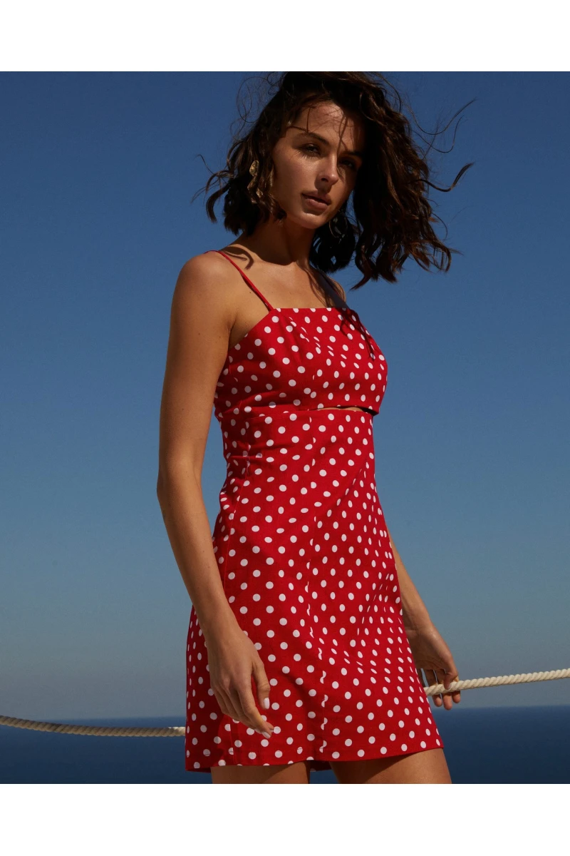 Sundress mini with a figured cut linen milk pea on red
