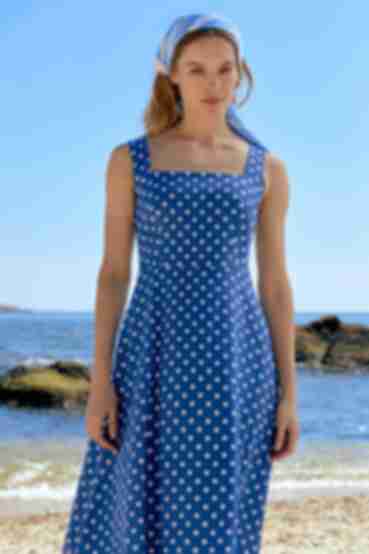 Sundress on wide straps with trapeze skirt linen milk pea on blue