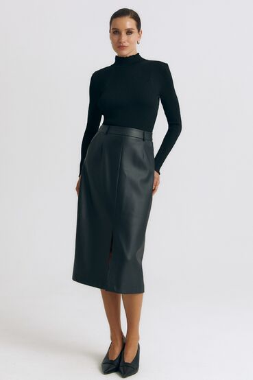 Midi skirt with eco-leather slit in black