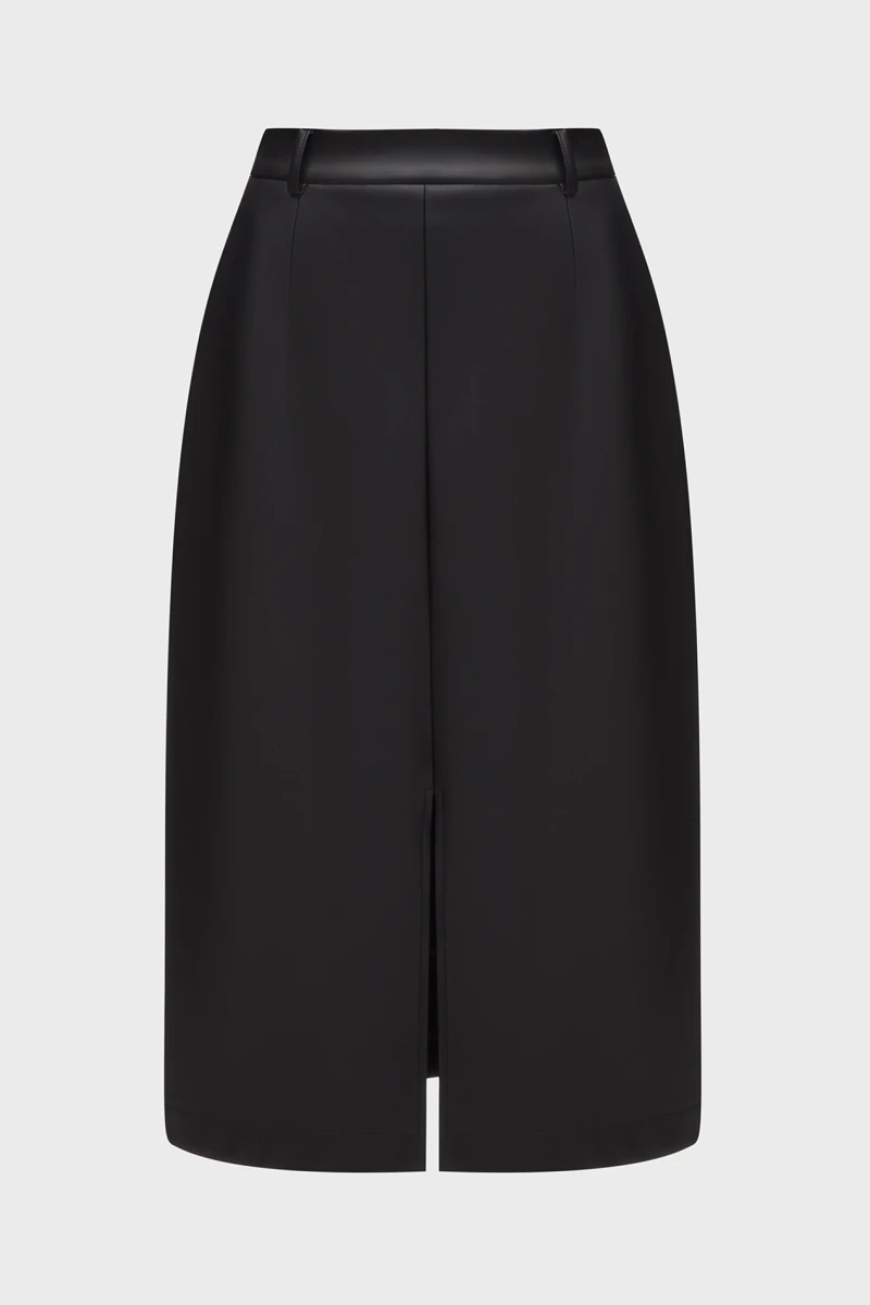 Black midi eco-leather skirt with slit