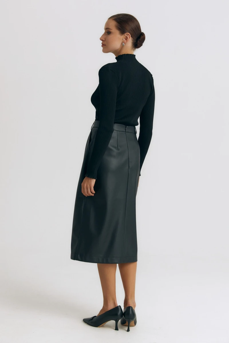Black midi eco-leather skirt with slit