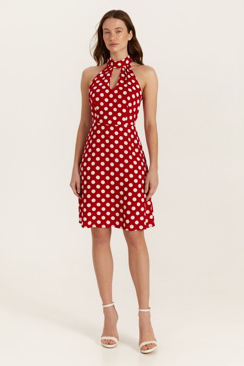 Red mini dress in large milky dots made of staple cotton