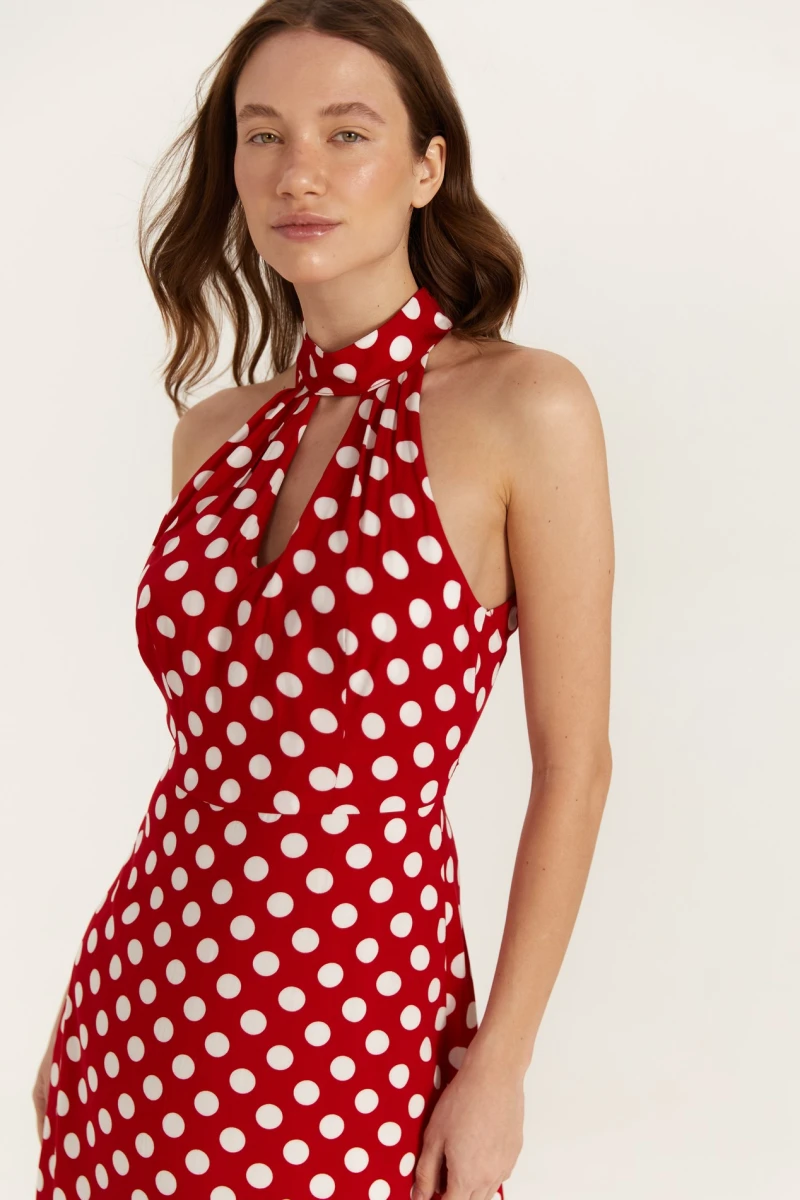 Red mini dress in large milky dots made of staple cotton