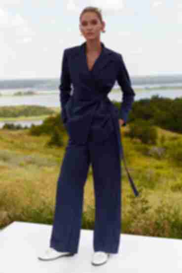 Suit fabric trousers are dark blue