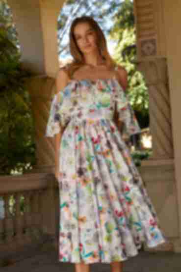 Midi sundress with frills and a lush skirt soft watercolor flowers on milky