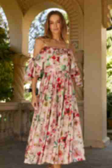 Midi sundress with frills and lush skirt soft watercolor flowers on powder