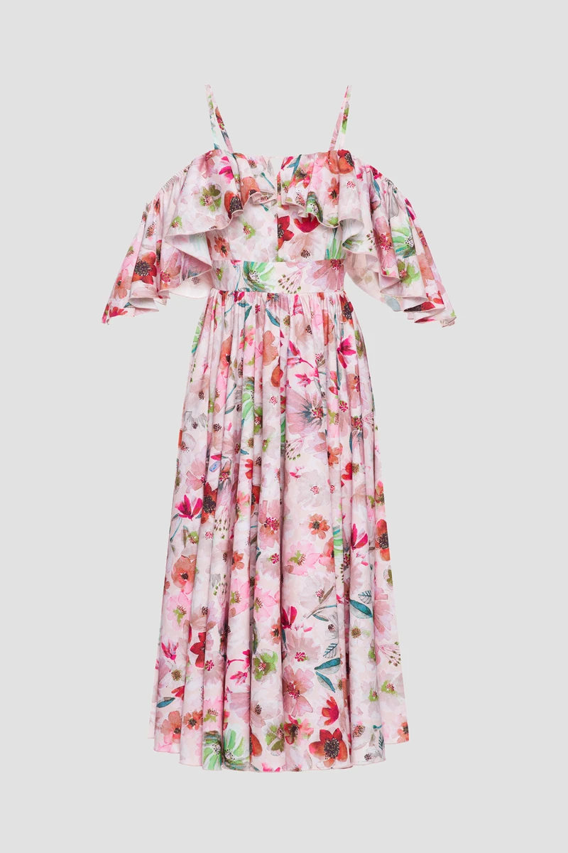Midi sundress with frills and lush skirt soft watercolor flowers on powder