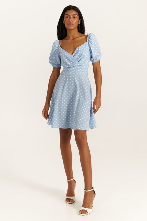 Sky blue mini dress in large milky dots made of soft rayon