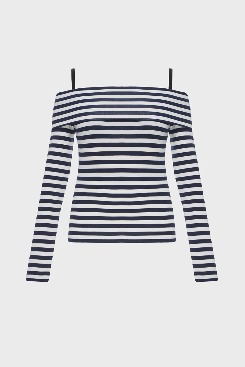Off-shoulder longsleeve in dark blue and milky stripes