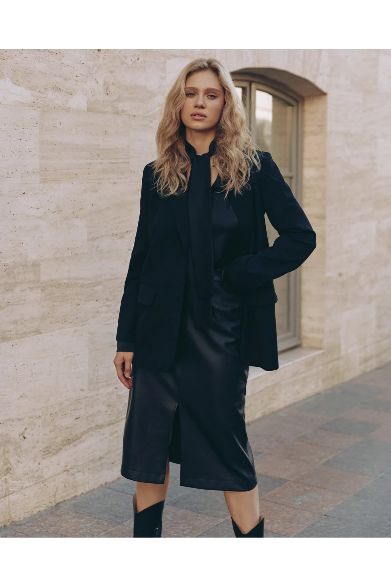 Black midi eco-leather skirt with slit
