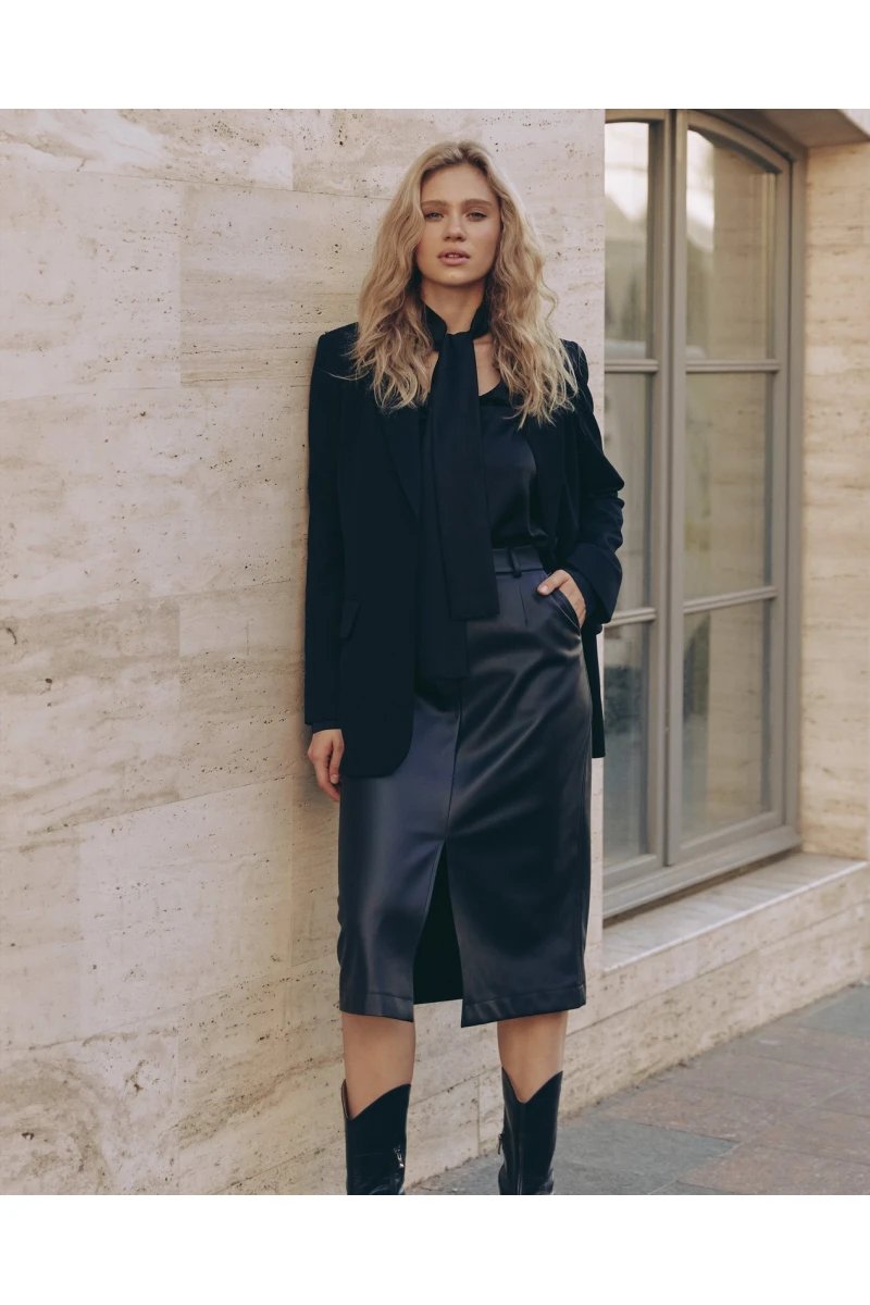 Black midi eco-leather skirt with slit