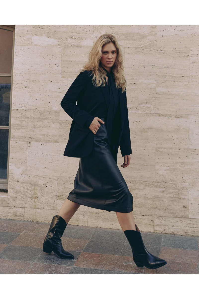 Black midi eco-leather skirt with slit