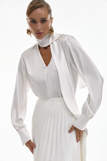 Blouse with a V-neckline and tie artificial silk milky