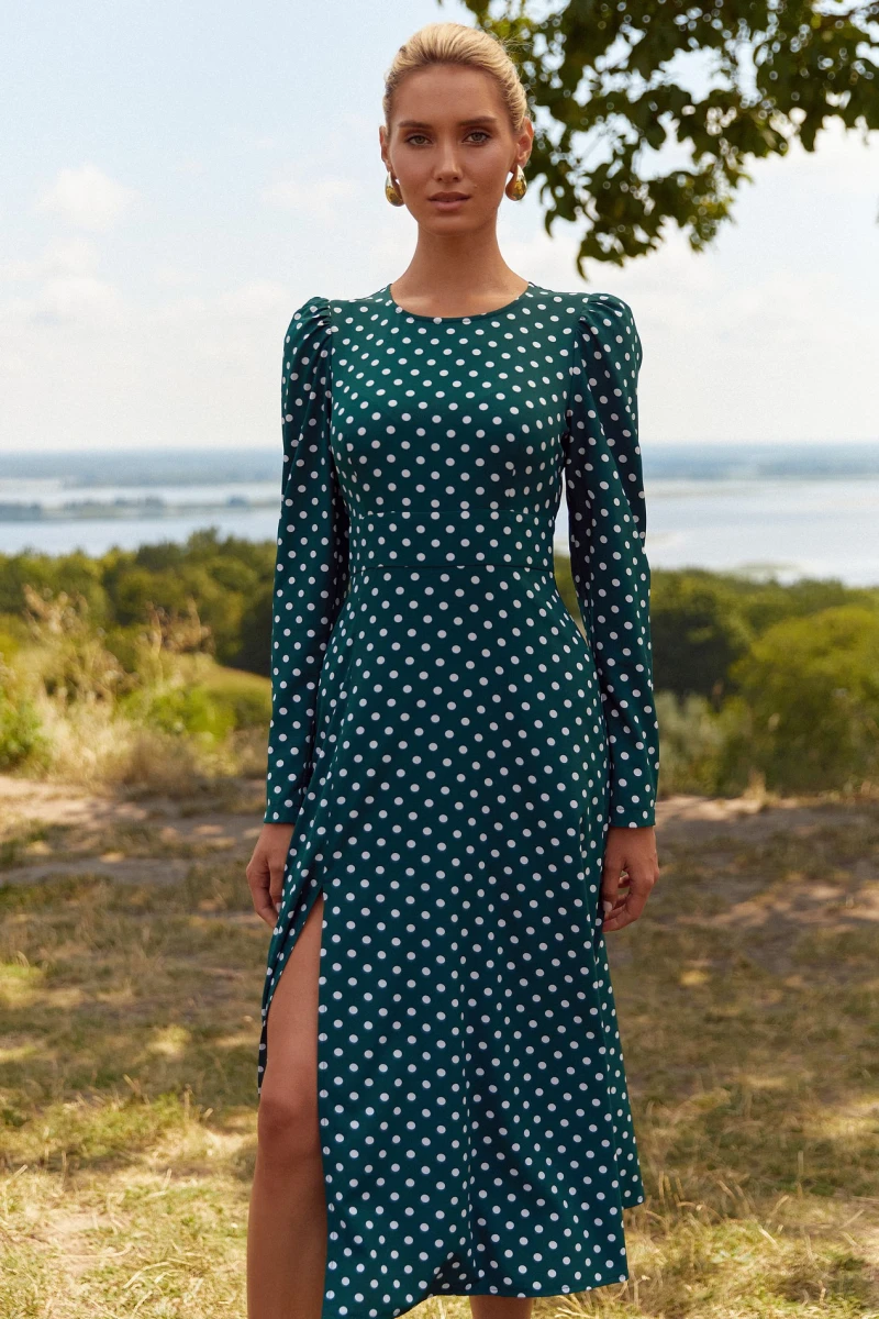 Midi slit dress with soft milk peas on emerald  #2