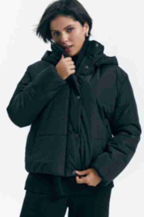 Jacket cropped with a stand up raincoat fabric black