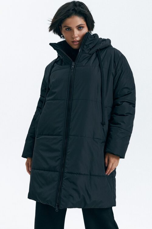 Jacket with hood midi raincoat fabric black