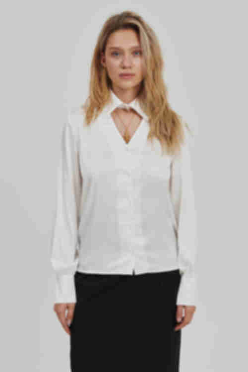 Blouse with a collar artificial silk milky