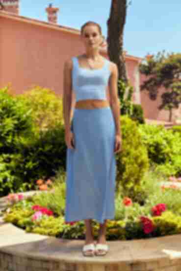 Skirt midi trapezoid artificial silk print blue