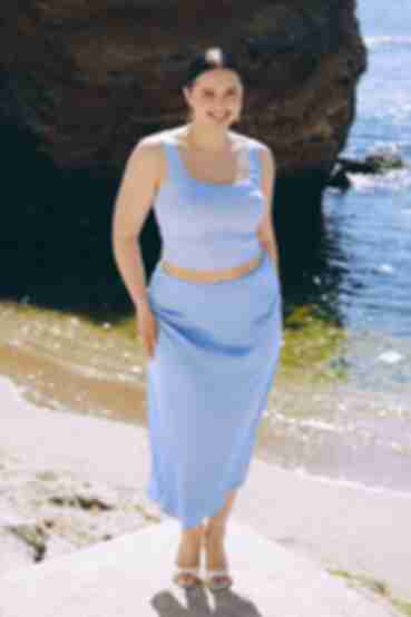 Skirt midi trapezoid artificial silk print blue