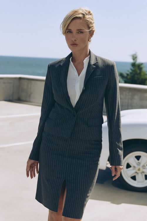 Gray cropped jacket in white stripes made of suiting fabric