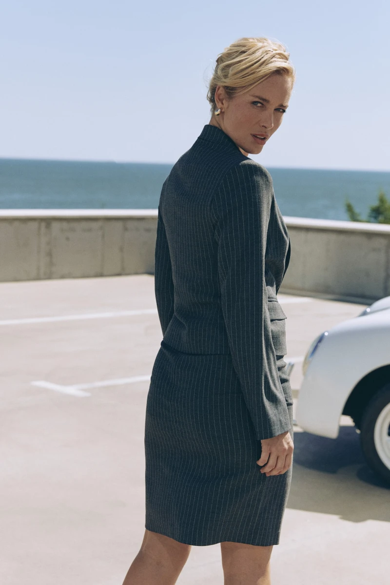 Gray cropped jacket in white stripes made of suiting fabric