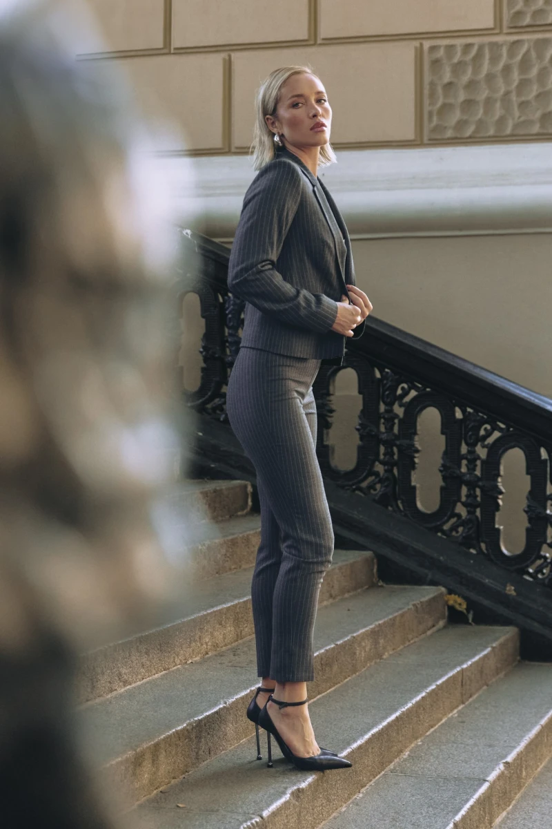 Gray cropped jacket in white stripes made of suiting fabric