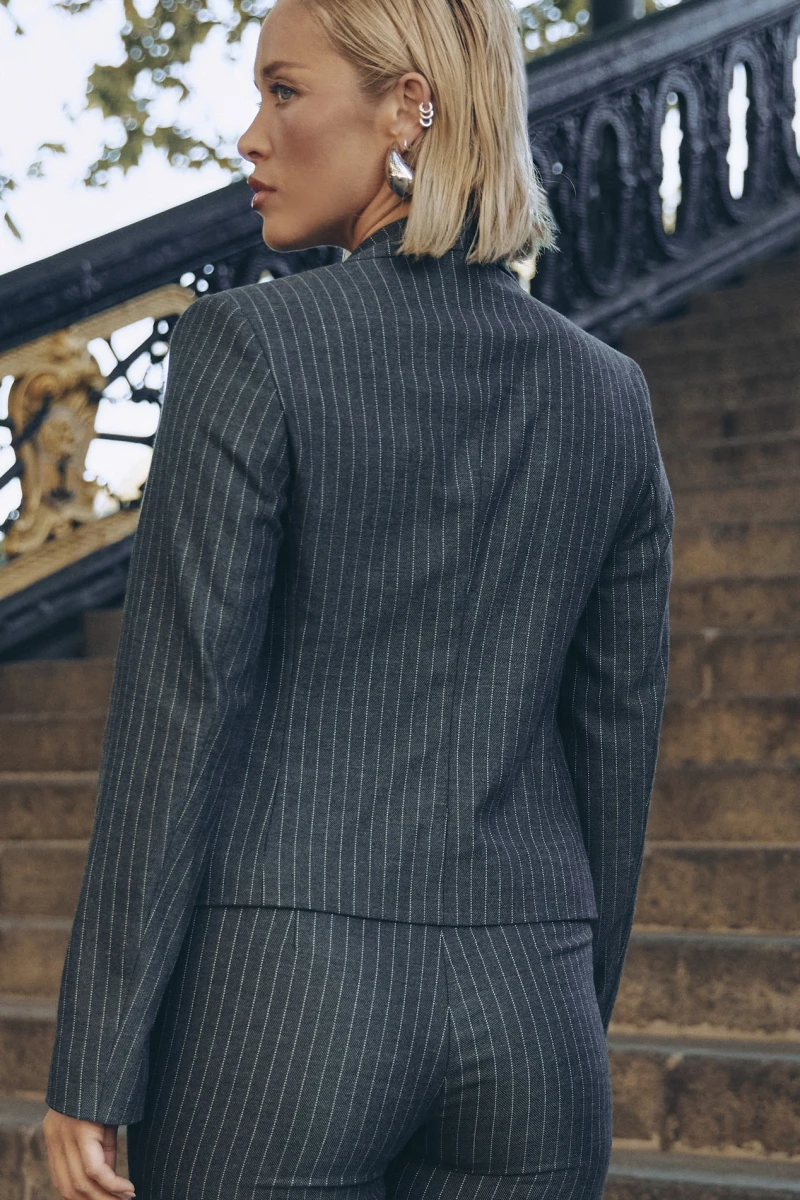 Gray cropped jacket in white stripes made of suiting fabric