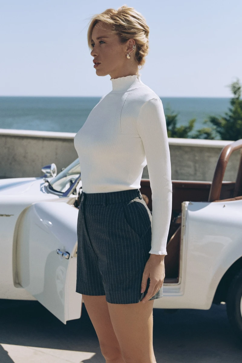Gray shorts in white stripes made of suiting fabric