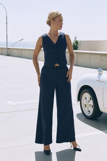 Palazzo  trousers suit fabric white stripe on blue