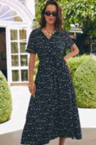 Сукня-сорочка міді штапель молочні листочки на чорному