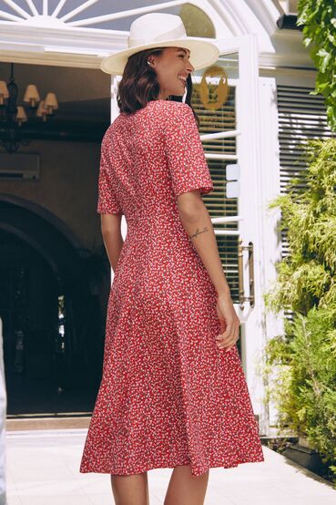 Dress with a trapeze skirt midi soft floral on red #2