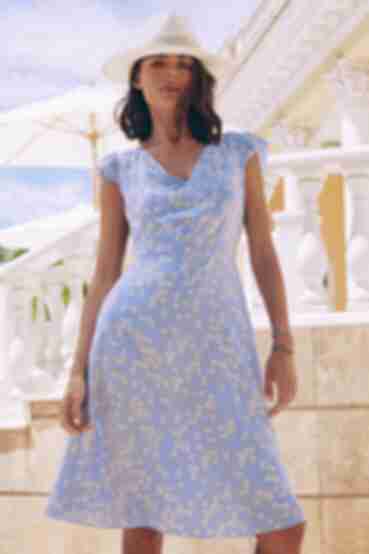 Сукня з коротким рукавом демі штапель молочний дрібноцвіт на блакитному