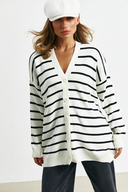 Elongated knitted cardigan with black stripes on milk