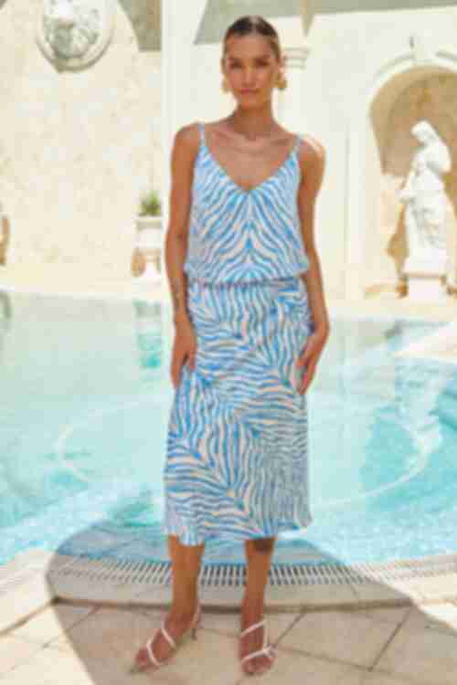 Midi skirt faux silk animal print blue - white zebra