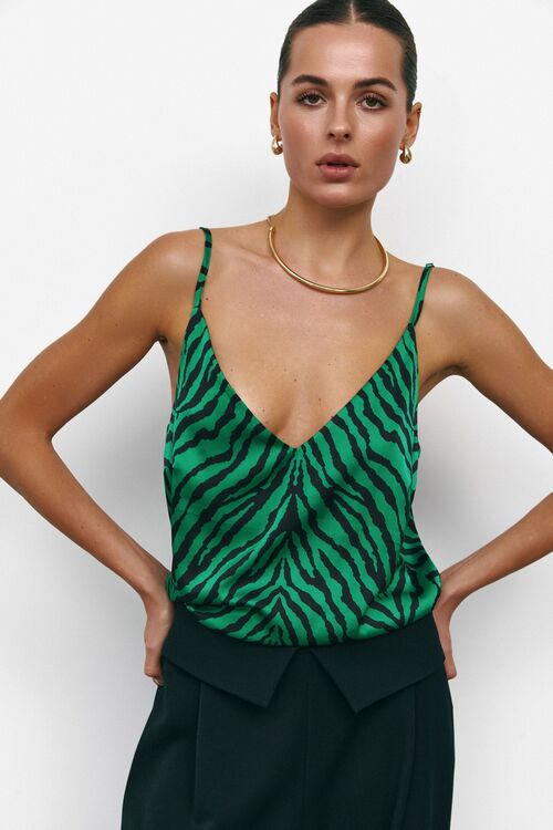 Strappy shirt artificial silk animalistic print  black — green zebra