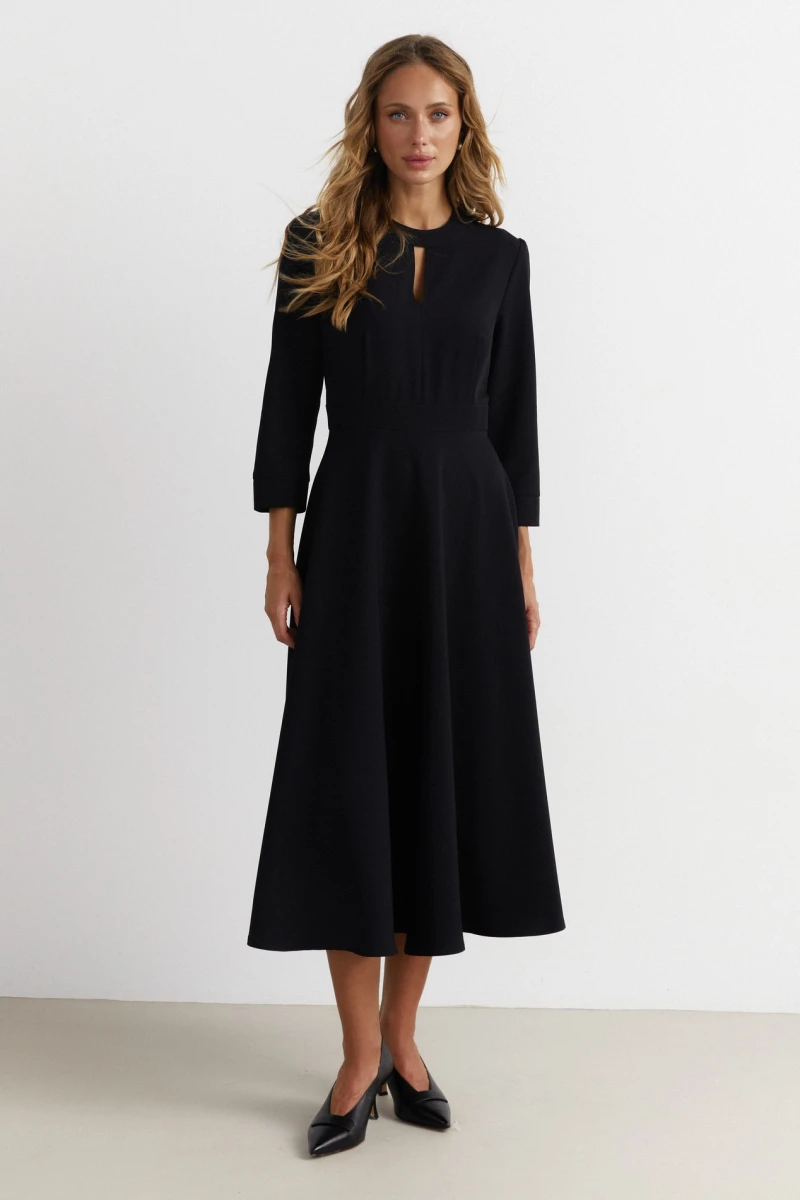Black midi dress with a sewn-in belt made of suiting fabric