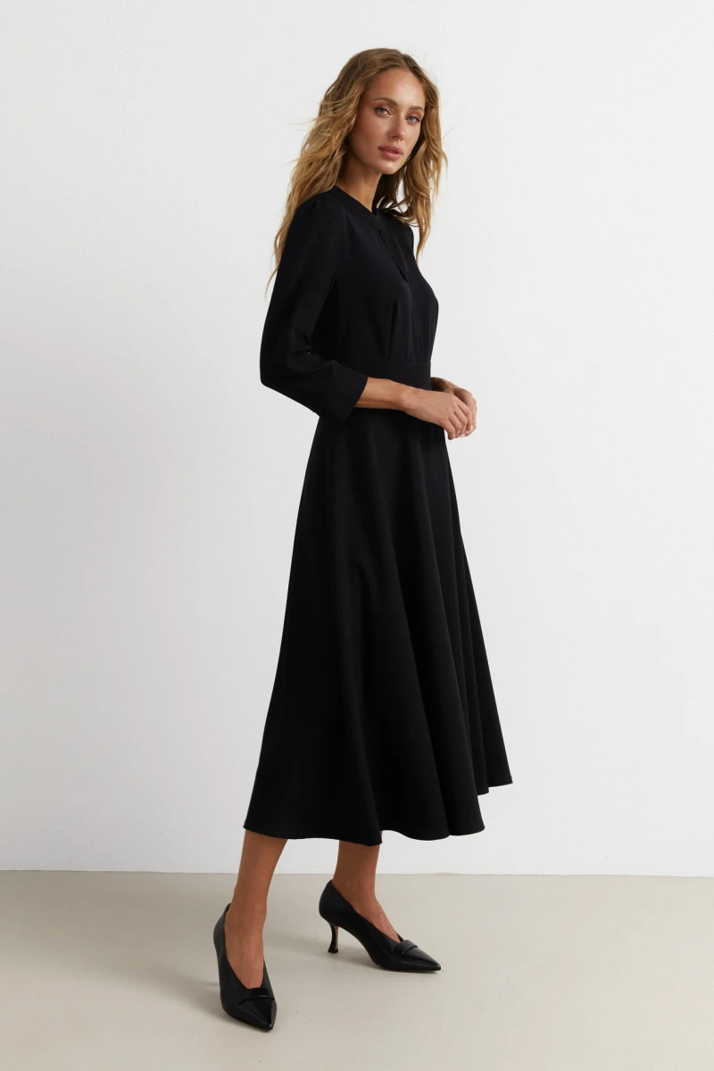 Black midi dress with a sewn-in belt made of suiting fabric #2