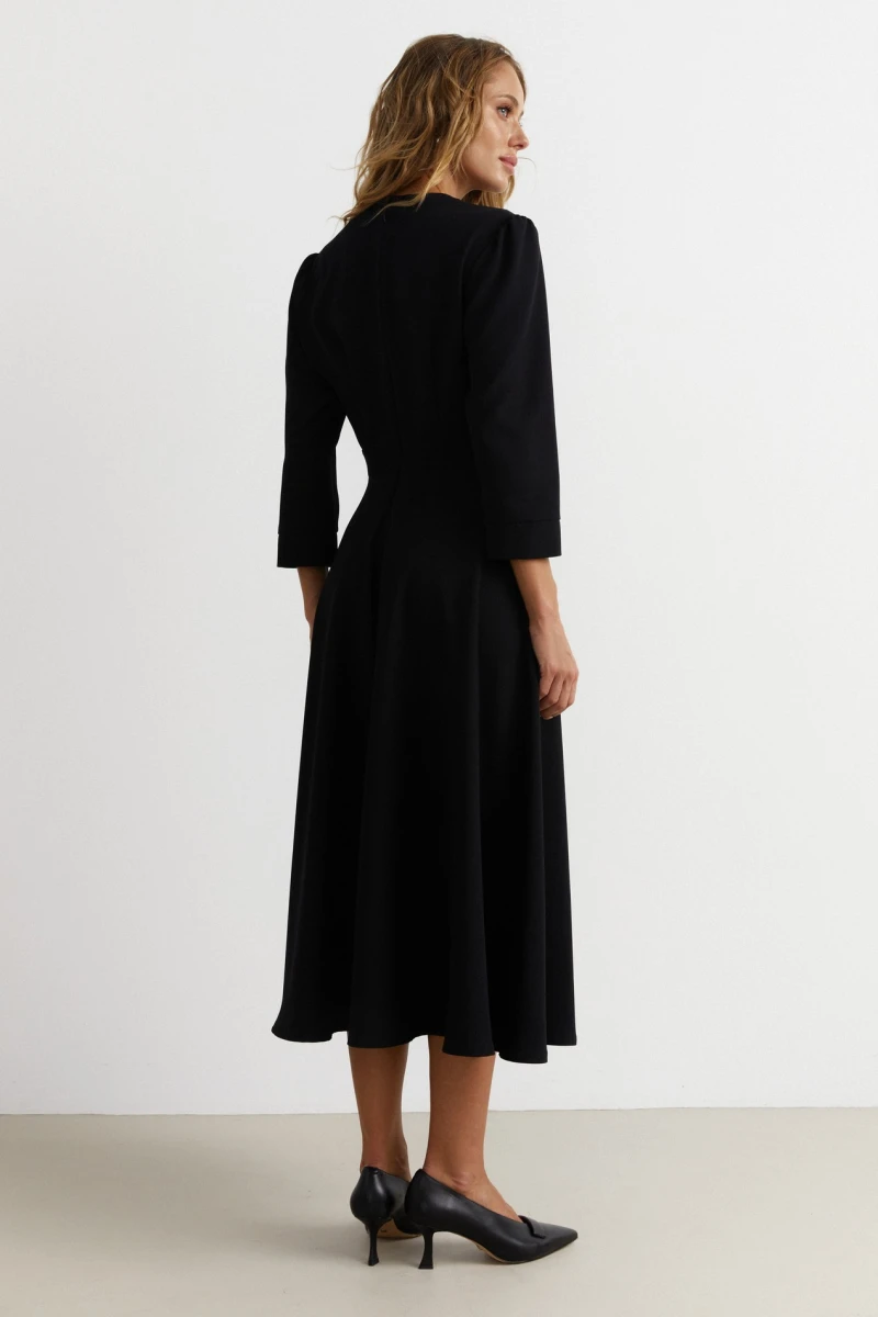 Black midi dress with a sewn-in belt made of suiting fabric