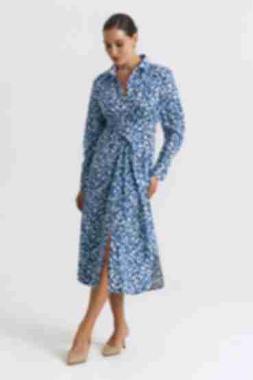 Shirt dress midi soft soft print milk leopard on blue