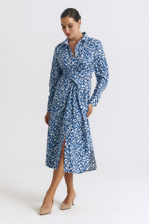 Shirt dress midi soft soft print milk leopard on blue