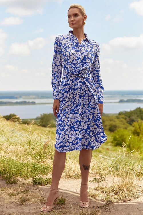 Dress-shirt midi soft print milk flowers on blue