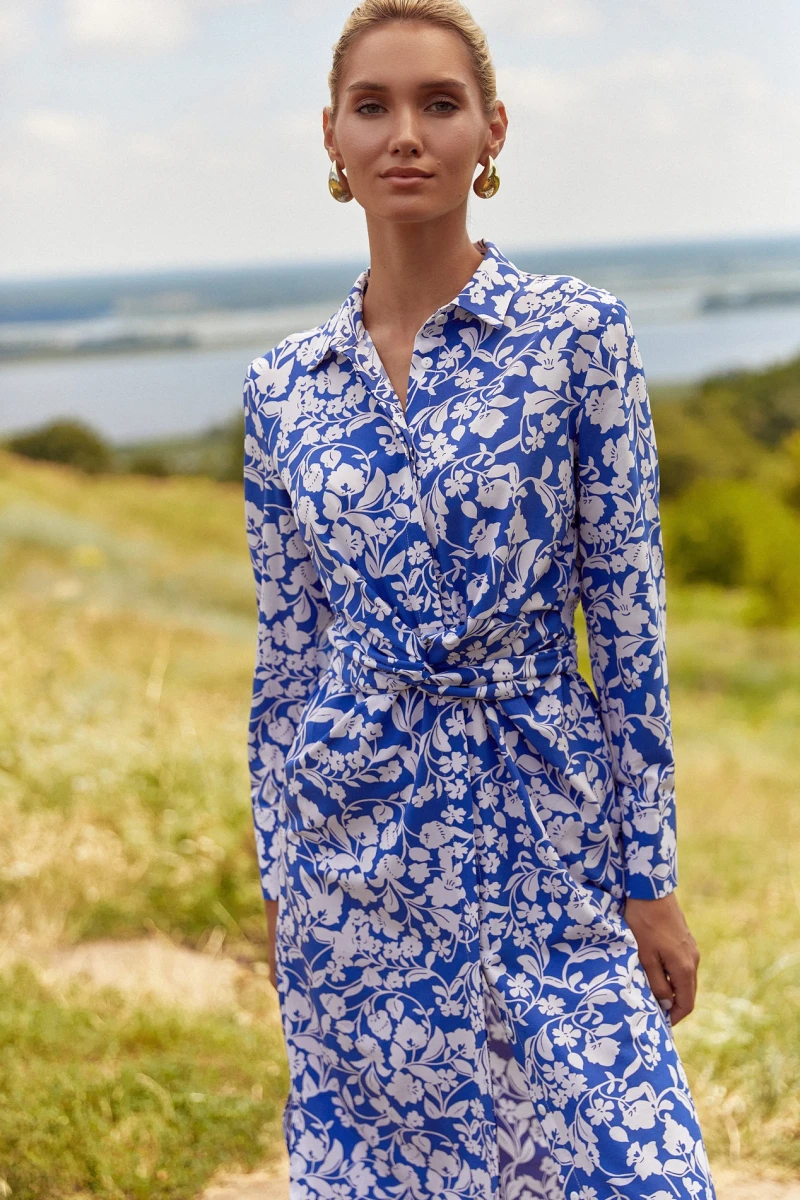 Dress-shirt midi soft print milk flowers on blue
