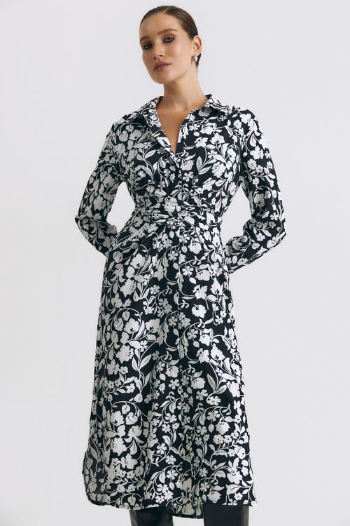 Shirt dress midi soft print milk flowers on black